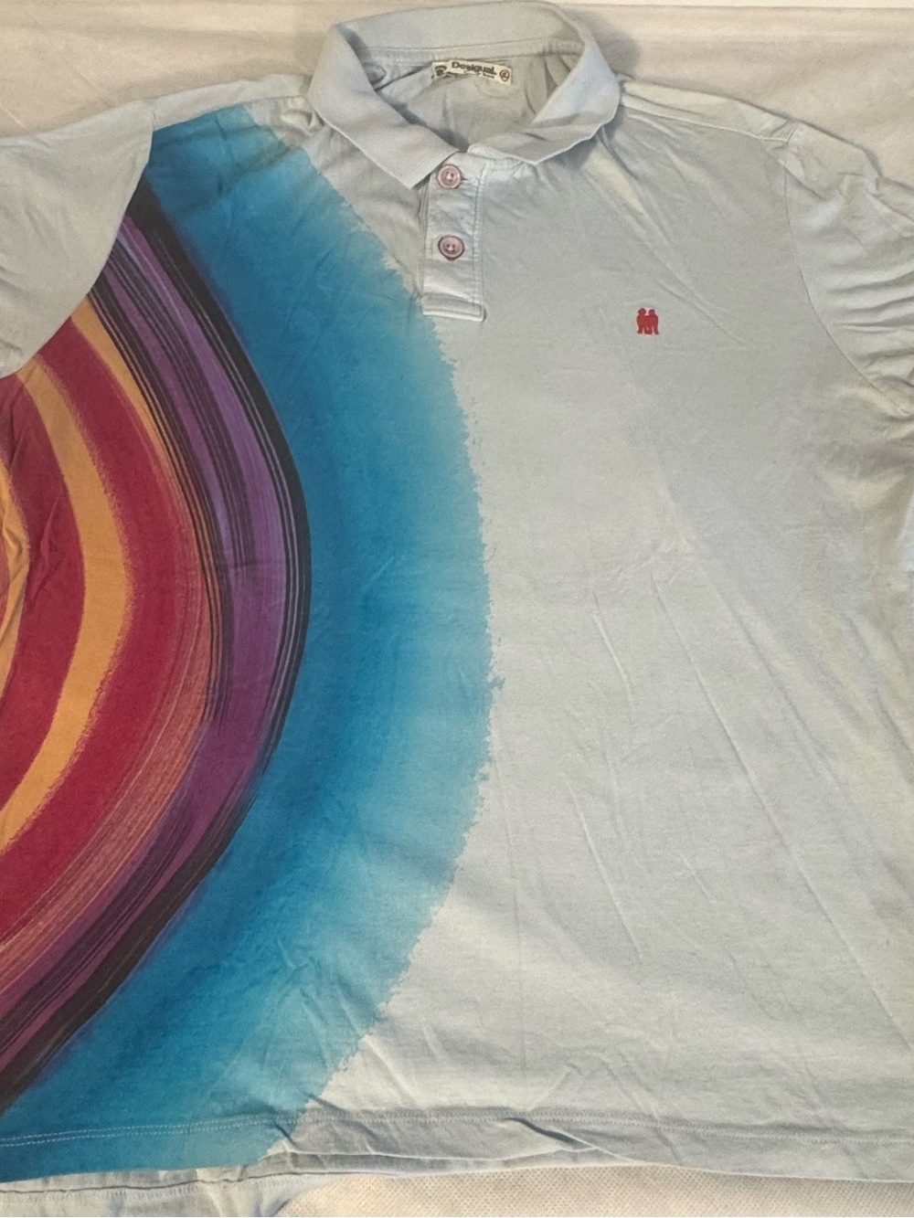 Desigual Artistic Rainbow Panel Polo Shirt Men’s XL Blue Y2K